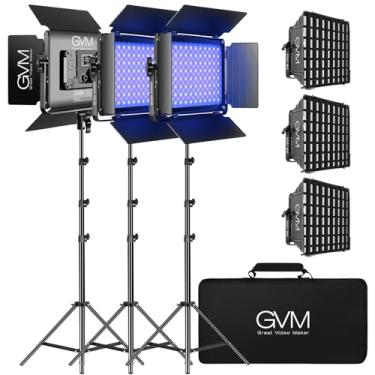 Imagem de Luz de vídeo LED GVM RGB, iluminação fotográfica com controle de aplicativo, kit de iluminação de vídeo 1000D para YouTube Studio, 3 pacotes de luz de painel de LED, 3200K-5600K, 8 tipos de luzes de