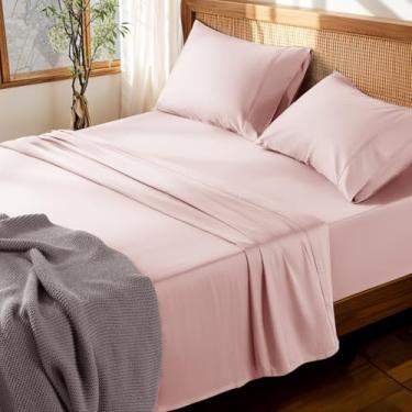 Imagem de LBRO2M Jogo de lençol 100% algodão com bolso profundo 48,3 cm, 1000 fios, tamanho casal, 4 peças, roupa de cama macia e confortável para todas as estações (casal, rosa)