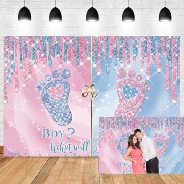 Imagem de Pano de fundo revelador de gênero de 1,5 x 0,9 m, o que será o bebê, chá de bebê, fotografia de fundo para meninos ou meninas, diamantes brilhantes, pegadas de bebê, azul e rosa, decorações de festa
