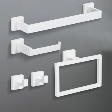Imagem de Conjunto de acessórios para banheiro creme branco, barra de toalha de aço inoxidável para montagem na parede, anel de toalha, suporte de papel, ganchos, conjunto de acessórios para banheiro, 5 peças