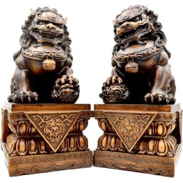 Imagem de Estátuas De Leão Guardião Foo Dogs - Par De Figurinhas De Fengshui Fu Dogs - Parabéns Pela Inauguração De Casa Para Afastar A Energia Maligna - Deuses Da Porta Civil Chines, Bronze, L