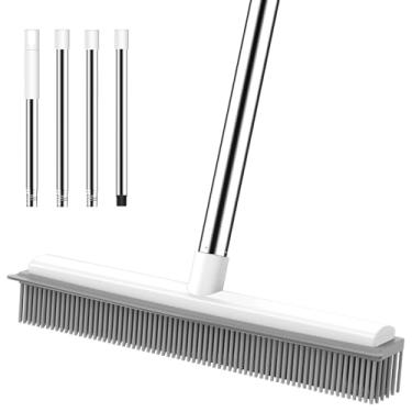 Imagem de nacena Vassoura de borracha, vassoura 2 em 1 para remoção de pelos de animais de estimação com rodo de 132 cm com alça longa ajustável, vassoura de carpete para limpar carpetes de madeira, azulejo e