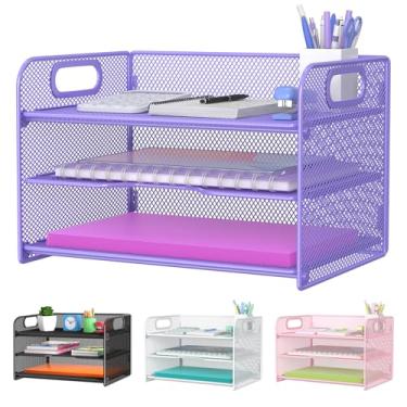 Imagem de Samstar Organizador de papel roxo de 3 camadas com alça, organizador de mesa de malha, organizador de papel, prateleiras de arquivo, roxo