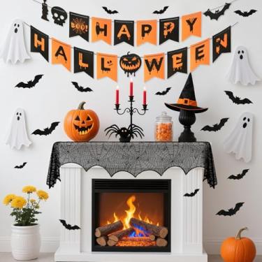 Imagem de Cachecol de cornija de Halloween para decoração de manto de Halloween, conjunto de lareira e faixa de feliz dia das bruxas com 16 peças, adesivo de morcego 3D para decoração de janela de cozinha de