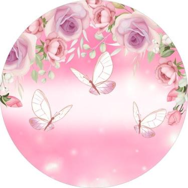 Imagem de Painel de Tecido Sublimado Redondo Borboletas e Flores Aquarela Fundo 