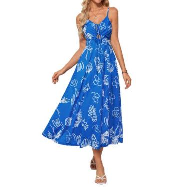 Imagem de Vestido longo GRACE KARIN, verão de 2025, com decote em V, azul, flora