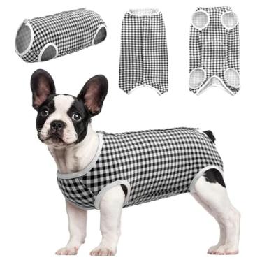 Imagem de Kuoser Traje de recuperação cirúrgica, traje xadrez de recuperação de cirurgia para cães machos, macacão profissional para cães após a cirurgia, coleira eletrônica antilambida e alternativa de cone