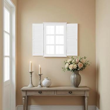 Imagem de Sintosin Espelho de janela branco rústico com venezianas 40,6 x 61 cm, moldura de madeira de fazenda suspensa retangular para decoração de parede, entrada de sala de estar, maçanetas de porta com