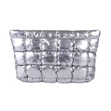 Imagem de HFLZBRO Bolsa de maquiagem acolchoada inchada, bolsa de cosméticos, bolsa organizadora de higiene de viagem, bolsa clutch para mulheres, Prata, Bolsa de maquiagem acolchoada