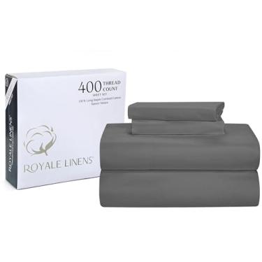 Imagem de ROYALE LINENS Jogo de lençol 400 fios 100% algodão cultivado americano 4 peças de cetim Queen - 1 lençol de cima, 2 fronhas - jogo de cama cinza - lençóis de algodão refrescante - (Queen, ardósia