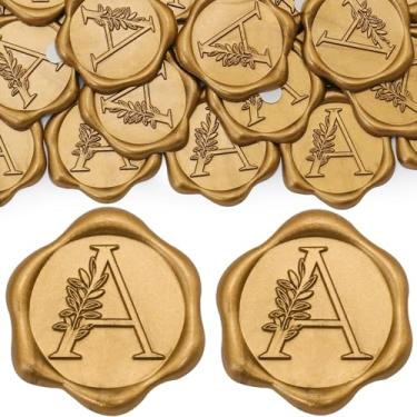 Imagem de SWANGSA Pacote com 200 adesivos de lacre de cera letra A, folhas botânicas douradas antigas com letras iniciais, adesivos de cera autoadesivos para envelopes de convite de festa de casamento