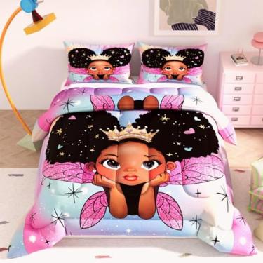 Imagem de Namoxpa Conjunto de edredom para meninas negras, 3D, arco-íris, rosa, glaxy, para crianças, meninas e adultos, conjunto de edredom decorativo com 2 fronhas, tamanho casal