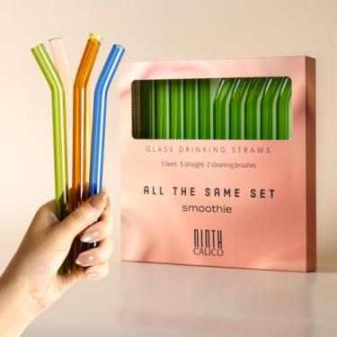 Imagem de Pacote com 10 canudos grossos e reutilizáveis de vidro – Coloridos, duráveis – Inclui 10 canudos de smoothie e 2 escovas de limpeza – para smoothies, café gelado, lates, matcha, refrigerante, suco