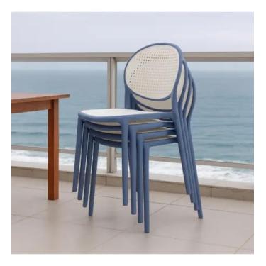 Imagem de Cadeiras De Palha Sintética Empilhaveis Design Moderno Com e Sem Braço - 04un (Sem Braço, Azul/Branco)