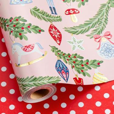 Imagem de Burymento Papel de embrulho de Natal, quebra-nozes rosa reversível, bolas de cristal, sinos de vento, design de papel de embrulho adequado para o Natal, mini rolo (43 cm x 32,8 pés)