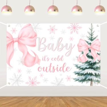 Imagem de Baby It's Cold Outside Pano de fundo de fotografia com laço rosa para decoração de chá de bebê no País das Maravilhas de Inverno Rosa Prata Flocos de Neve Decoração para Princesas Natal Inverno Chá de