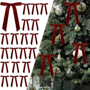 Imagem de Senjie 24 peças de laços de veludo de Natal para árvore, ornamentos de laços de fita vintage para guirlanda, guirlanda, saco de presente de embrulho de presente, sacos de doces de padaria, artesanato