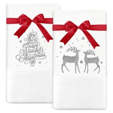 Imagem de JarThenaAMCS Pacote com 2 toalhas de mão de Natal com fita prata branca bordada árvore de Natal rena toalha de prato de algodão para férias de inverno banheiro secagem de mão cozinha, 75 x 35