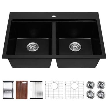 Imagem de Davivy Montagem superior preta de 83 cm / pia de cozinha embutida 50/50 tigela dupla, estação de trabalho de pia de cozinha composta de granito preto, design de tigela dupla profunda com acessórios