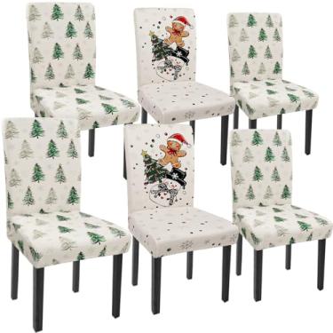 Imagem de Rcvlauf Conjunto de 6 capas de cadeira de Natal elásticas Parsons de gengibre, boneco de neve, árvore de Natal, decoração de sala de jantar, protetores de assento de cadeira (árvore de gengibre, 6