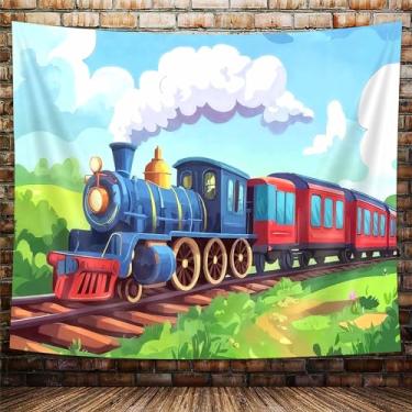 Imagem de Tapeçaria de trem a vapor de desenho animado, fundo de tapeçarias de trem dirigindo na ferrovia, montanhas verdes, árvores céu azul, nuvens, pendurar na parede para quarto de crianças, dormitório