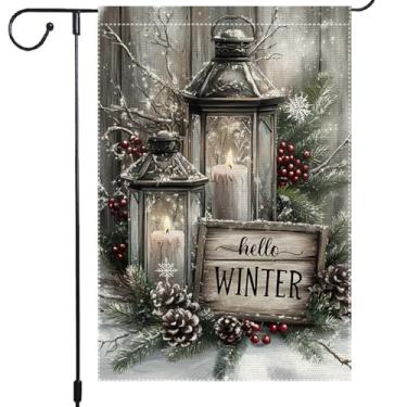Imagem de Bandeira de jardim de inverno, 30,5 x 45,7 cm, serapilheira rústica dupla face, sinal de boas-vindas Hello Winter com lanterna, velas de pinhas e flocos de neve para decoração de quintal ao ar livre