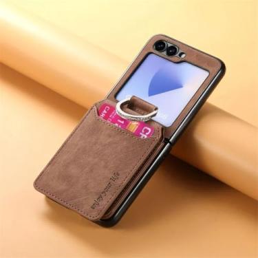 Imagem de Capa tipo carteira com suporte de anel para Galaxy Z Flip5, couro retrô, com porta-cartões (para Galaxy Z Flip5/marrom)