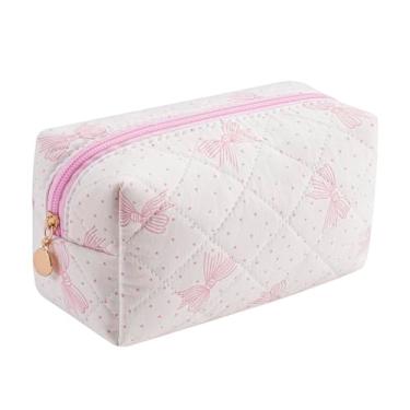 Imagem de Gleyemor Bolsa de maquiagem com laço fofo, pequena bolsa de cosméticos de algodão acolchoado, bolsa de kit de emergência, bolsa de higiene para viagem, presentes para mulheres e meninas, 01 laço rosa