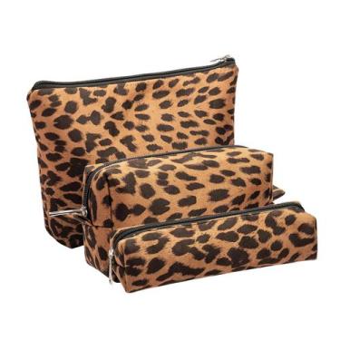 Imagem de Conjunto de bolsas de maquiagem AGBIADD Leopard Print 3 peças marrom