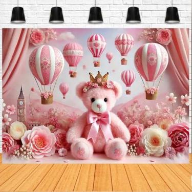 Imagem de Céu rosa caprichoso e urso pano de fundo de balão de ar quente coroa dourada pano de fundo de chá de bebê fofo rosa branco floral balão de ar quente decoração de nuvem faixa de fundo de chá de bebê