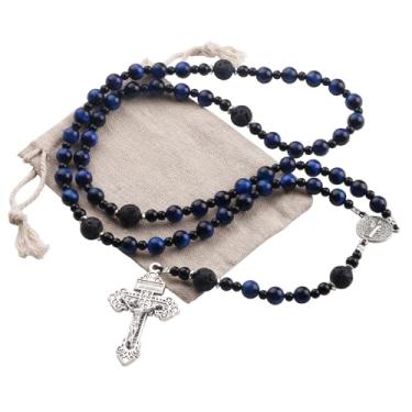 Imagem de Luomu Colar de terço católico, contas de pedra vulcânica e olho de tigre de 8 mm, 66 cm, medalha de São Bento, 21inch, Metal Pedra olho de tigre azul Pedra vulcânica metal, Sem Pedra Preciosa