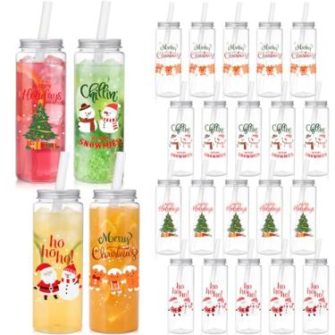 Imagem de LemonRoad 24 copos de vidro de Natal com tampas e canudos, copos de plástico reutilizáveis de 500 ml para bebidas quentes e frias para lembrancinhas de festa de Natal e suprimentos de feriado (estilo