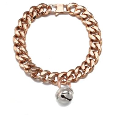 Imagem de Coleira de cachorro de ouro rosa gatinho filhote de gato larga de aço inoxidável gargantilha ajustável à prova de mastigação elos cubanos corrente de 1,27 cm com sino dourado etiqueta personalizada