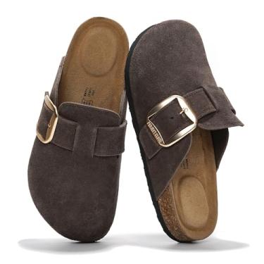 Imagem de Project Cloud Tamancos de couro genuíno para mulheres - Palmilha de espuma viscoelástica, antiderrapante e de cortiça natural, suporte de arco, tamancos e mules femininos com fivela grande (Manchester