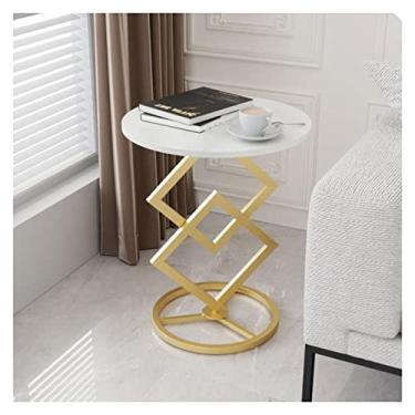 Imagem de Mesa de centro de design simples, mesa lateral redonda, mesa de canto moderna com moldura de metal, mesa de destaque para espaços pequenos, sala de estar, quarto, varanda, mesa lateral minimalista de