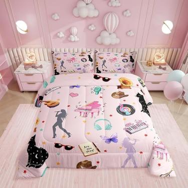 Imagem de Erosebridal Conjunto de cama queen com tema de música, branco, rosa, moderno, bola de discoteca, piano, para mulheres, meninas, borboleta, gato, animais, edredom com inserção de estilo moderno