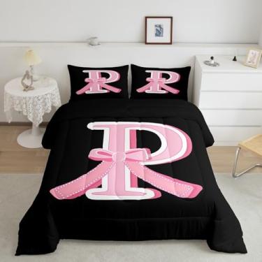 Imagem de jejeloiu Conjunto de edredom com laço rosa kawaii, presente para mulheres, adolescentes, tamanho solteiro, preto e rosa, ultramacio, personalizado, letra P, edredom, moderno e fofo