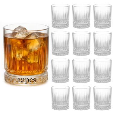 Imagem de Ruckae Pacote com 12 copos redondos com nervuras de 70,9 g - Vidro transparente com listras texturizadas para beber com estilo - Perfeito para uísque, vodca, rum e coquetéis - Ideal para bares