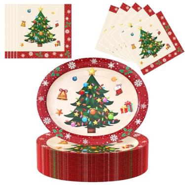 Imagem de Conjunto de pratos e guardanapos ovais de Natal com 100 unidades - Pratos de festa descartáveis grandes de 25,4 x 30,5 cm para artigos de jantar de Natal