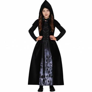 Imagem de Fantasia Halloween Infantil pra Meninas Vestido Bruxa Medieval Gótico Caçadora de Almas Preto com Capuz 4 a 12 anos (Preto, GG 10-12)