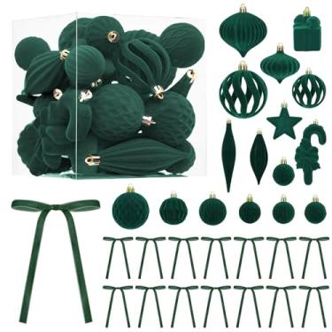Imagem de DRANSMIC 48 bolas de enfeite de árvore de Natal de veludo verde com laço incluídas, 28 peças de várias bolas flocadas, 20 peças de decoração de laço de veludo, ornamento vintage para guirlanda de