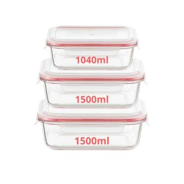 Imagem de Kit Conjunto 3/5/6/10 Potes Herméticos Geladeira Vidro Marmita Tampa Click Vedação Silicone Borracha(Kit 3 Potes - Vermelho)