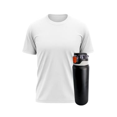 Imagem de Kit Esportivo Unissex: Camiseta Dry Fit Poliéster Secagem Rápida Antiodor + Garrafa Térmica 800ml Mantém Gelada por 12h (BR, Alfa, GG, Regular, Branco)
