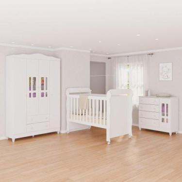 Imagem de Quarto de Bebê com Guarda-Roupas 4 Portas, Cômoda Fraldário e Berço Mi