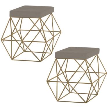 Imagem de Kit 2 Puffs Decorativo Sala de Estar Base Gold Trixie Veludo Cinza - Gran Belo