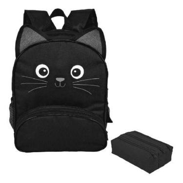 Imagem de Kit Mochila Escolar Infantil Gatinho Com Estojo Triplo Menino Menina P