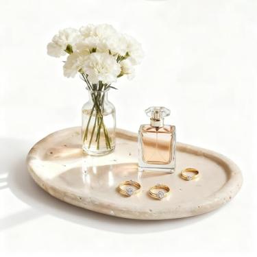 Imagem de N NANSHOP Bandeja de travertino natural, bandeja de joias de formato especial, prato de anel de mármore para banheiro, penteadeira, mesa de cabeceira, bandeja de decoração de casa bege (grande)