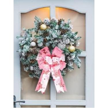 Imagem de 2 peças de laços de Natal para guirlandas, laços de guirlanda de Natal, arcos de serapilheira rosa e brancos, arcos de floco de neve, laços de artesanato de ano novo para decoração de Natal de inverno