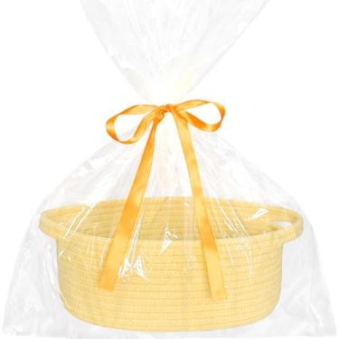 Imagem de Cesta pequena de tecido com saco de presente e fita, cesta pequena fofa de 30,5 cm x 20,3 cm x 12,7 cm, cesta de armazenamento de prateleira de sala de corda, caixa de baú de cesta, cesta de presente