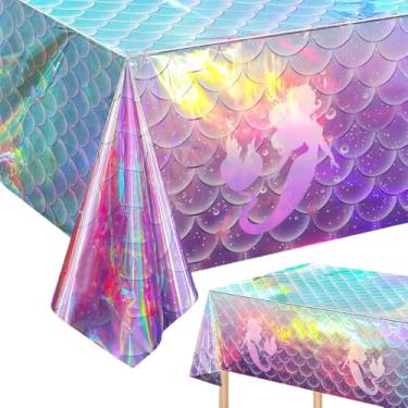 Imagem de 1 peça toalha de mesa de plástico iridescente sereia, capa de mesa de sereia holográfica, brilhante, ideal para festas de aniversário de meninas, temas de princesa e debaixo do mar, decoração